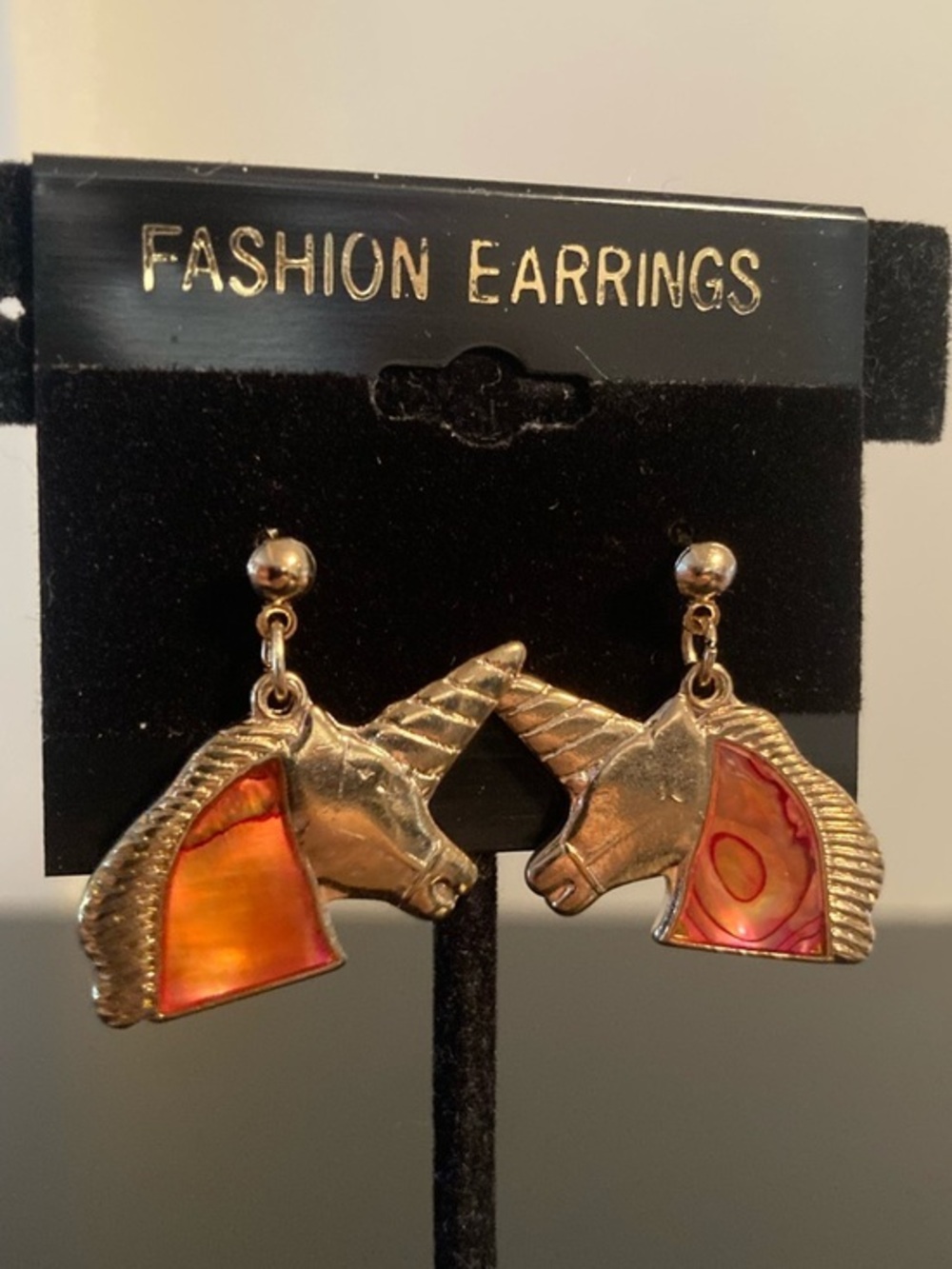 Fashion Jewelry Gold-Tone Unicorn Drop Earrings with Orange Inlay